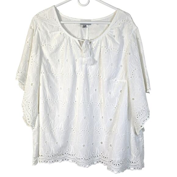 Catherines Blouse Women's 3XWP White Eyelet Lace Tie Neckline Summer Boho Beach - Picture 1 of 9